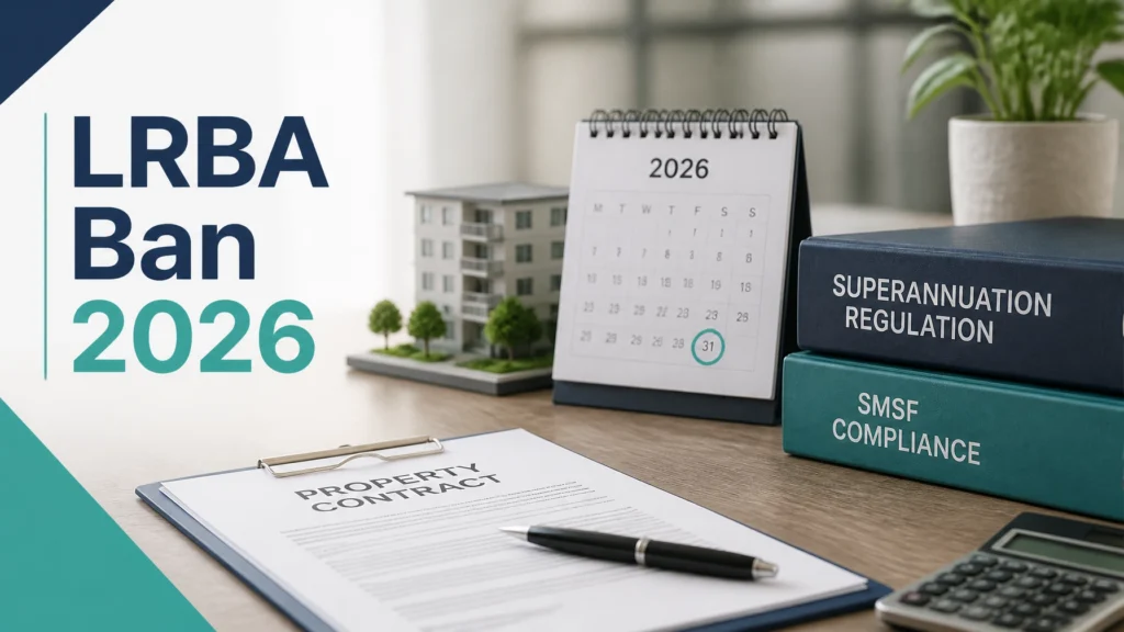 Professional desktop setup showing a 2026 calendar highlighting the August deadline, a property contract, and reference books titled Superannuation Regulation and SMSF Compliance for the 2026 LRBA ban.