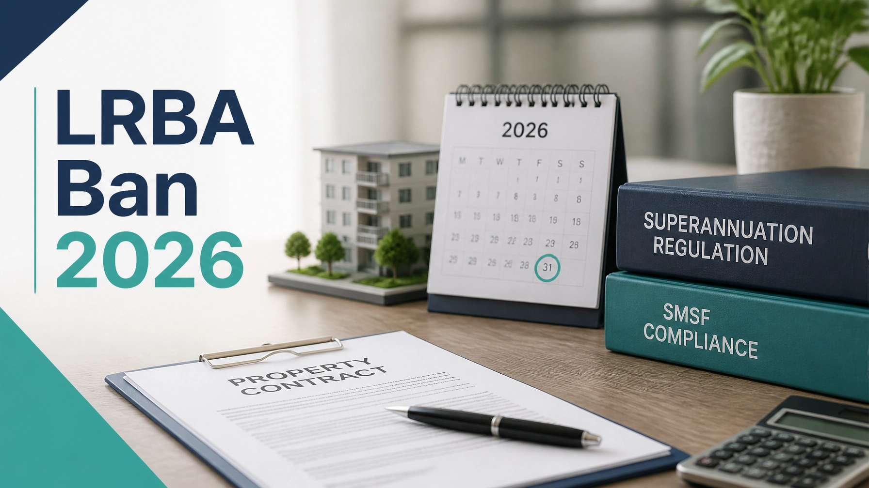 Professional desktop setup showing a 2026 calendar highlighting the August deadline, a property contract, and reference books titled Superannuation Regulation and SMSF Compliance for the 2026 LRBA ban.