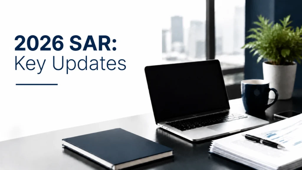 Professional office desk with laptop and notebook featuring text overlay "2026 SAR: Key Updates" for BlueCrest Accounting Solutions blog.