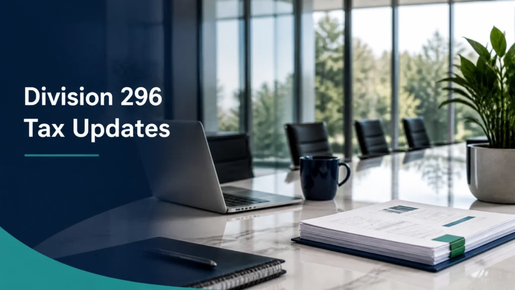 Division 296 tax updates - a professional corporate boardroom setting with accounting workpapers and software on a laptop, representing high-end SMSF services by BlueCrest.