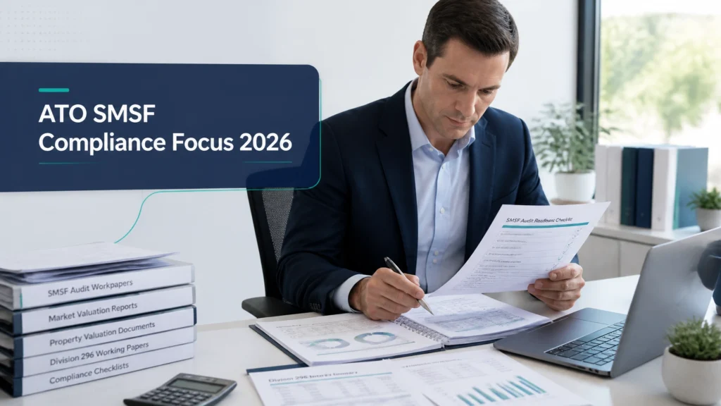 Australian CPA reviewing SMSF audit files, market valuation reports and Division 296 workpapers