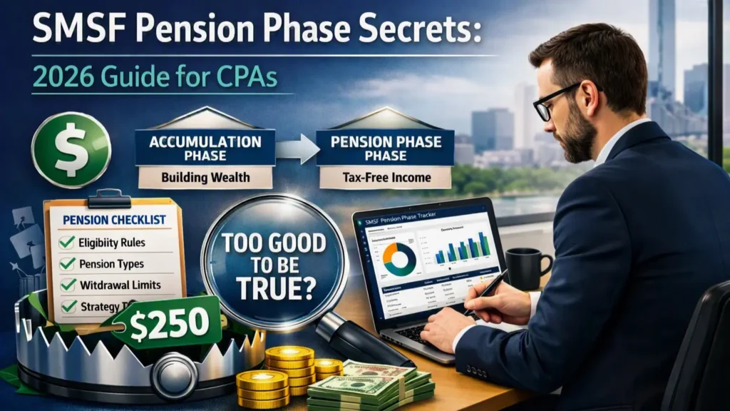 A professional Australian CPA reviewing SMSF pension phase compliance and rules for 2026.