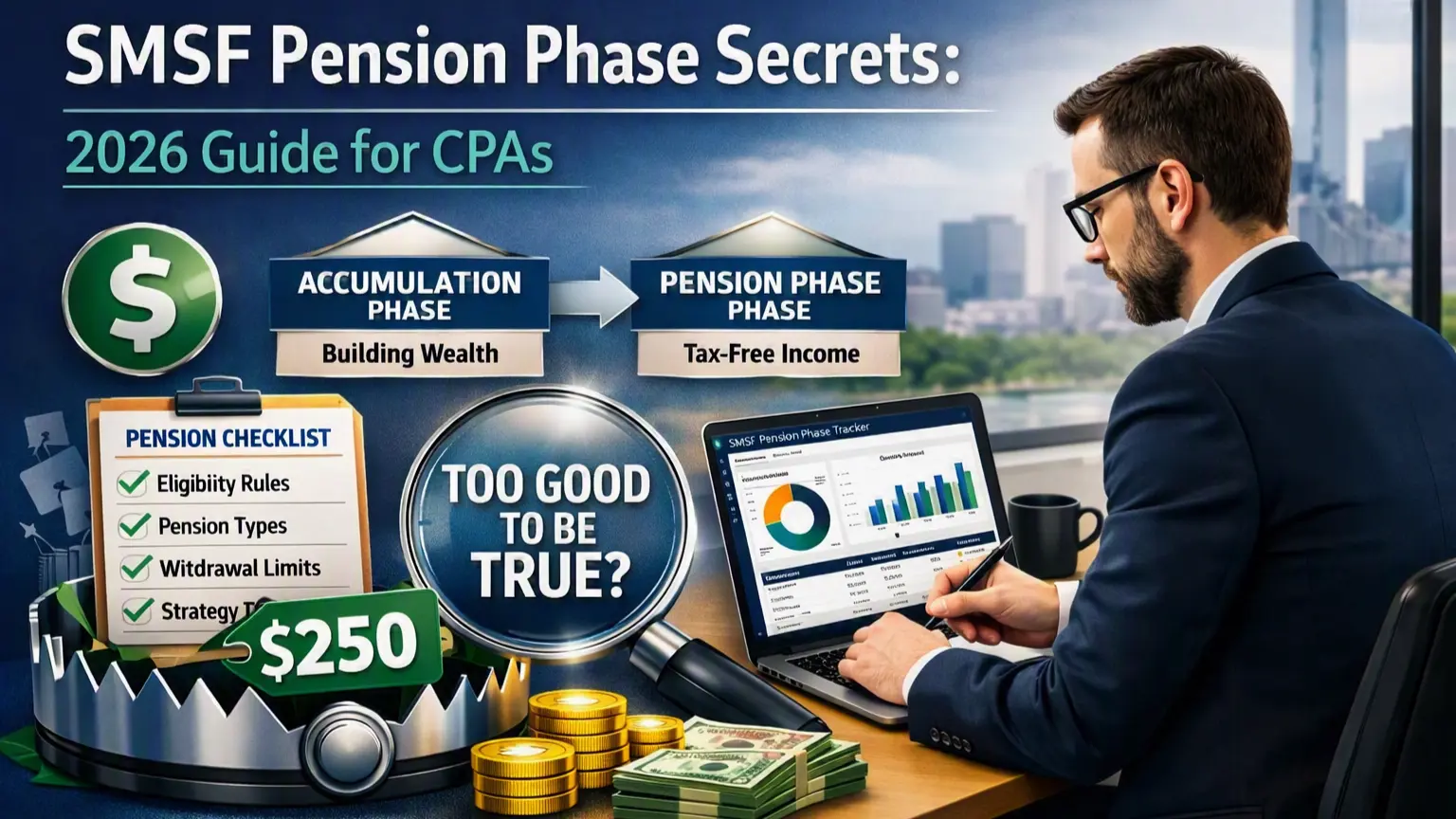 A professional Australian CPA reviewing SMSF pension phase compliance and rules for 2026.
