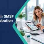Financial adviser and accountant reviewing SMSF fund performance dashboards on a tablet with a Premium SMSF Administration Services overlay