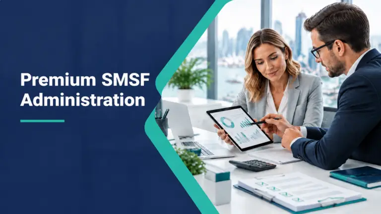Financial adviser and accountant reviewing SMSF fund performance dashboards on a tablet with a Premium SMSF Administration Services overlay