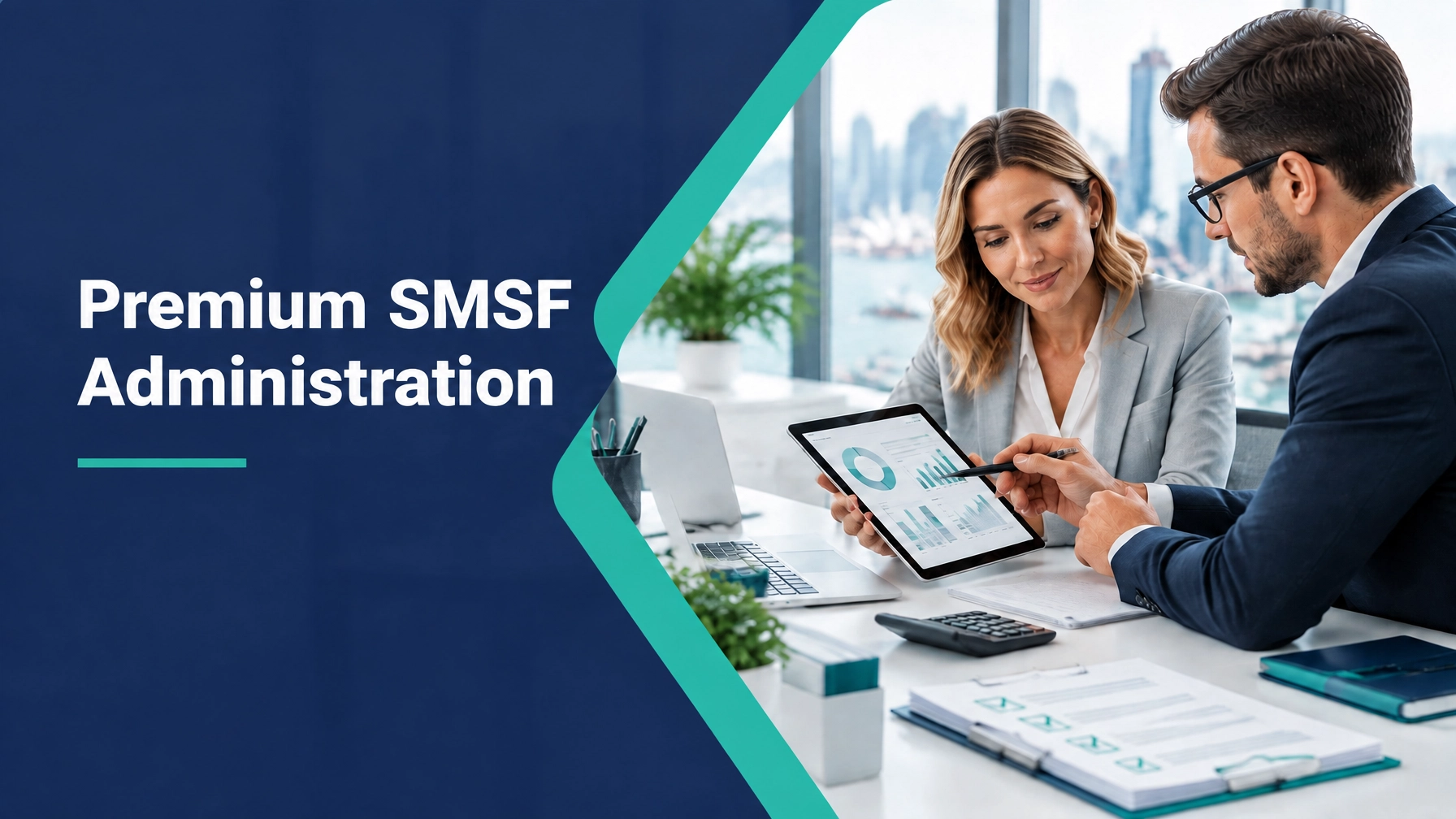 Financial adviser and accountant reviewing SMSF fund performance dashboards on a tablet with a Premium SMSF Administration Services overlay