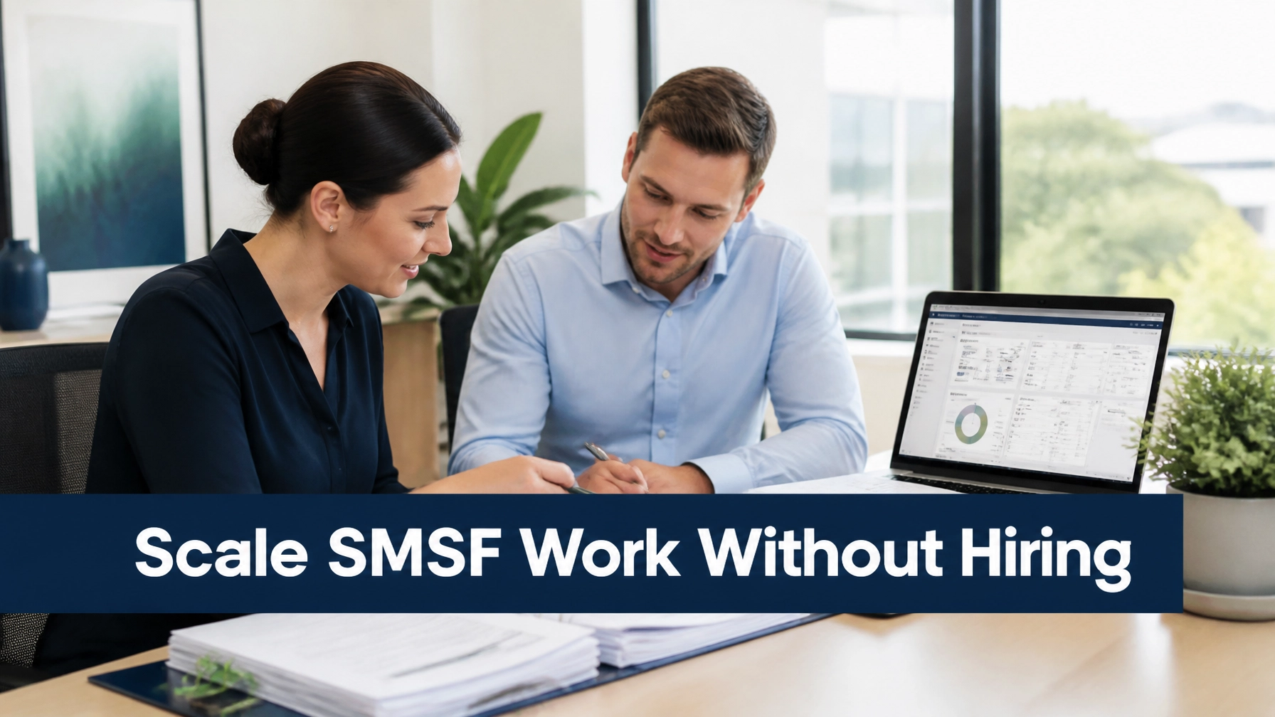 Accounting team reviewing SMSF outsourcing work and accounting software in a modern office, with the message “Scale SMSF Work Without Hiring