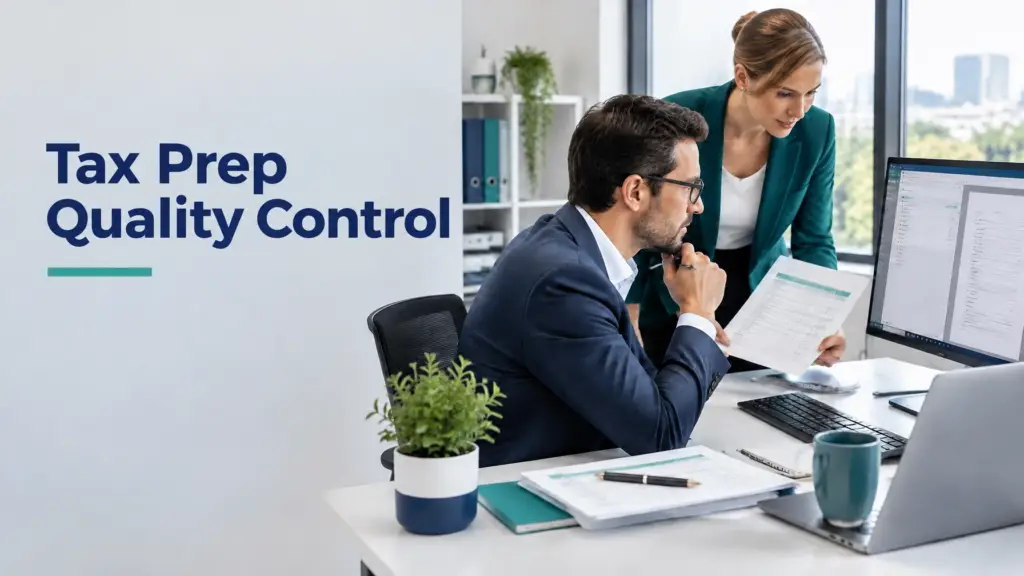 Tax preparation quality control in an accounting firm, with two professionals reviewing tax workpapers and a digital return.