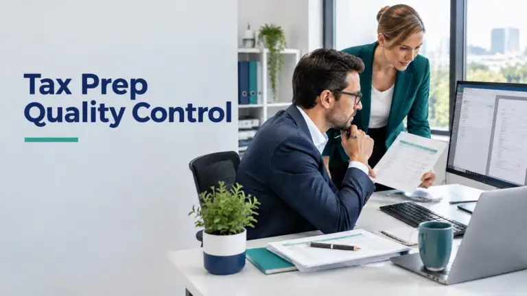 Tax preparation quality control in an accounting firm, with two professionals reviewing tax workpapers and a digital return.